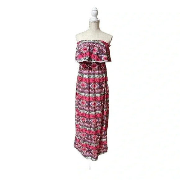 Peach Love California Aztec Ruffled Bust Maxi Spring Dress Women’s size Medium - Picture 1 of 9